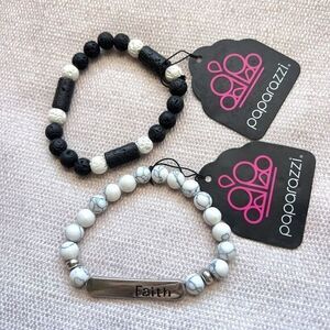 Lot of 2 PAPARAZZI Beaded Stretch Bracelets Black / Off White‎